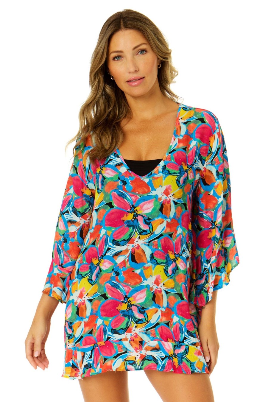 Women Anne Cole | Women'S Amalfi Floral Flounce V Neck Tunic Swimsuit Cover Up