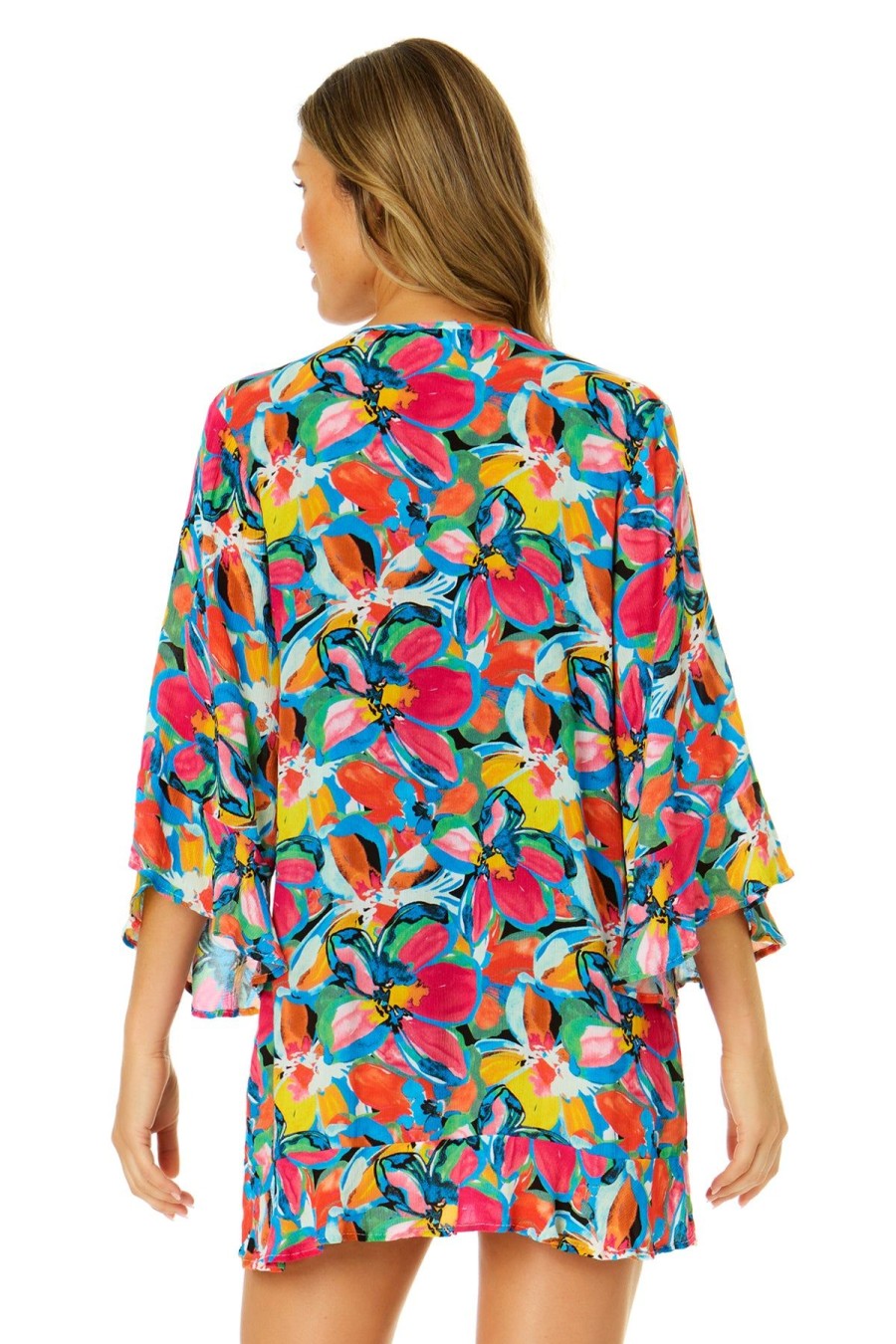 Women Anne Cole | Women'S Amalfi Floral Flounce V Neck Tunic Swimsuit Cover Up