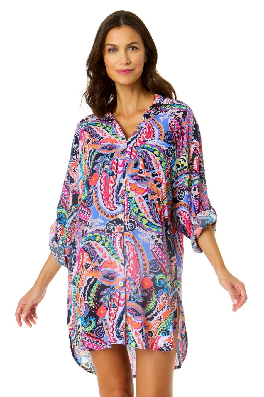 Women Anne Cole | Women'S Paisley Parade Button Down Shirt Swimsuit Cover Up