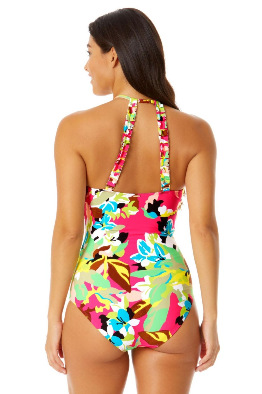 Women Anne Cole | Women'S High Neck With Ruffled Straps One Piece Swimsuit