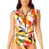 Women Anne Cole | Women'S Flutter Sleeve Zip Up Rash Guard One Piece Swimsuit