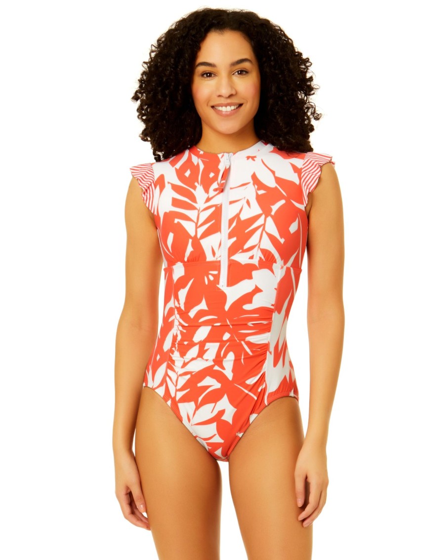 Women Anne Cole | Flutter Sleeve Zip Up Rash Guard One Piece Swimsuit