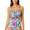 Women Anne Cole | Women'S Amalfi Floral Shirred Front V Neck One Piece Swimsuit