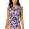 Women Anne Cole | Women'S Meadow Bouquet Flutter Sleeve Zip Up Rash Guard One Piece Swimsuit