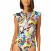 Women Anne Cole | Women'S Flutter Sleeve Zip Up Rash Guard One Piece Swimsuit