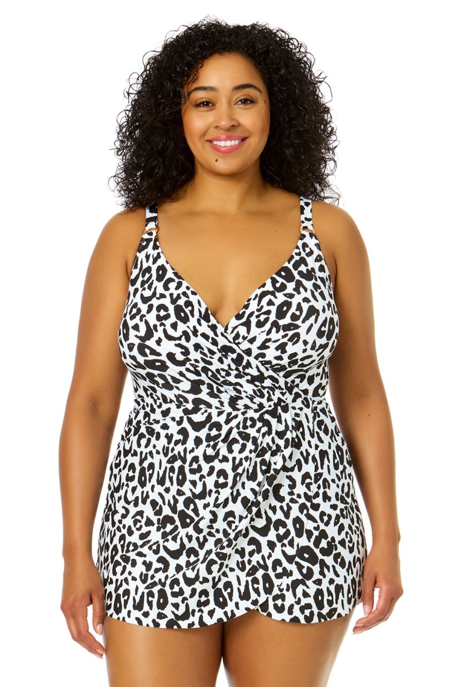 Women Anne Cole | Women'S Plus Size Wild Cat Swim Dress With Skirted Bottom