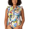 Women Anne Cole | Women'S Flutter Sleeve Zip Up Rash Guard One Piece Swimsuit