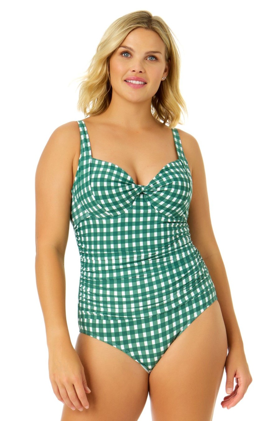 Women Anne Cole | Women'S Green Gingham Retro Twist Front Shirred One Piece Swimsuit