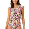 Women Anne Cole | Women'S Sun Blossom Flutter Sleeve Zip Up Rash Guard One Piece Swimsuit