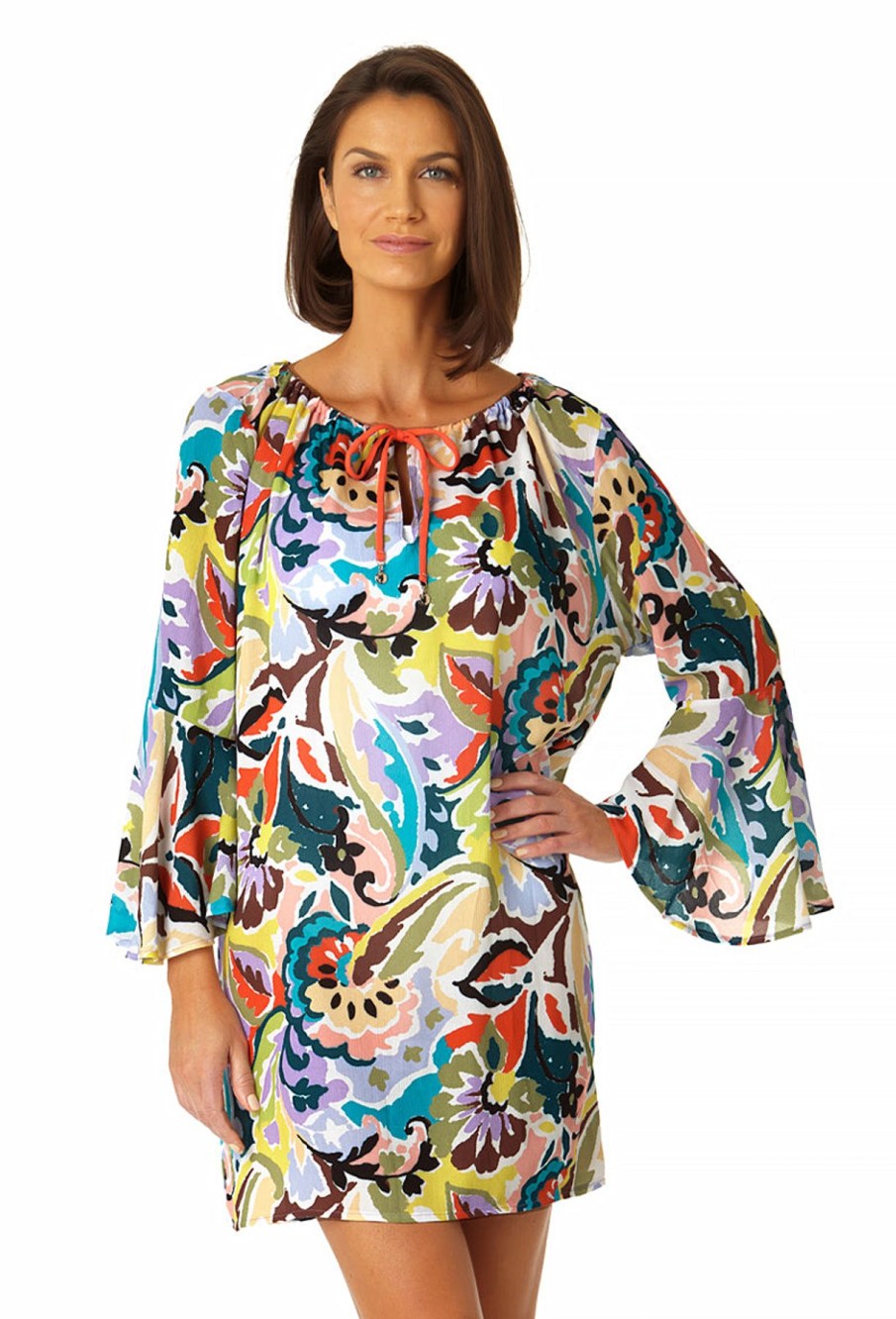 Women Anne Cole | Women'S Bell Sleeve Tunic Swimsuit Cover Up