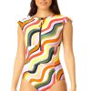 Women Anne Cole | Women'S Flutter Sleeve Zip Up Rash Guard One Piece Swimsuit