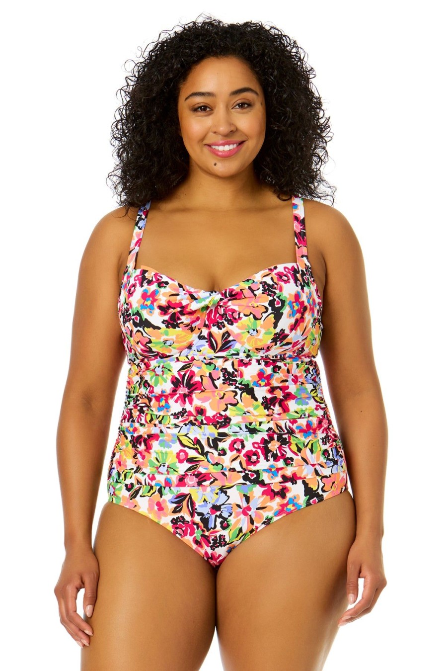 Women Anne Cole | Women'S Plus Size Sun Blossom Retro Twist Front Shirred One Piece Swimsuit