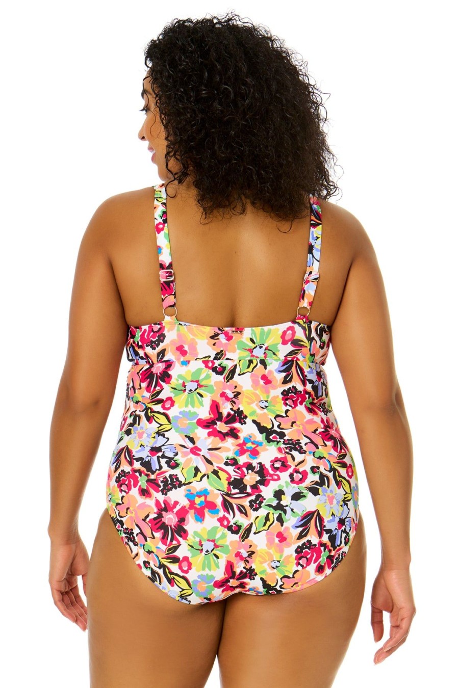 Women Anne Cole | Women'S Plus Size Sun Blossom Retro Twist Front Shirred One Piece Swimsuit