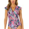 Women Anne Cole | Women'S Paisley Parade Flutter Sleeve Zip Up Rash Guard One Piece Swimsuit