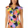 Women Anne Cole | Women'S Flutter Sleeve Zip Up Rash Guard One Piece Swimsuit