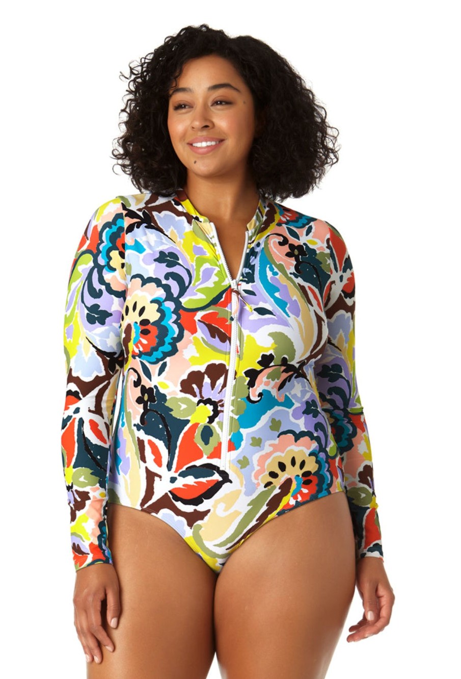 Women Anne Cole | Women'S Long Sleeve Front Zip Rash Guard Swimsuit