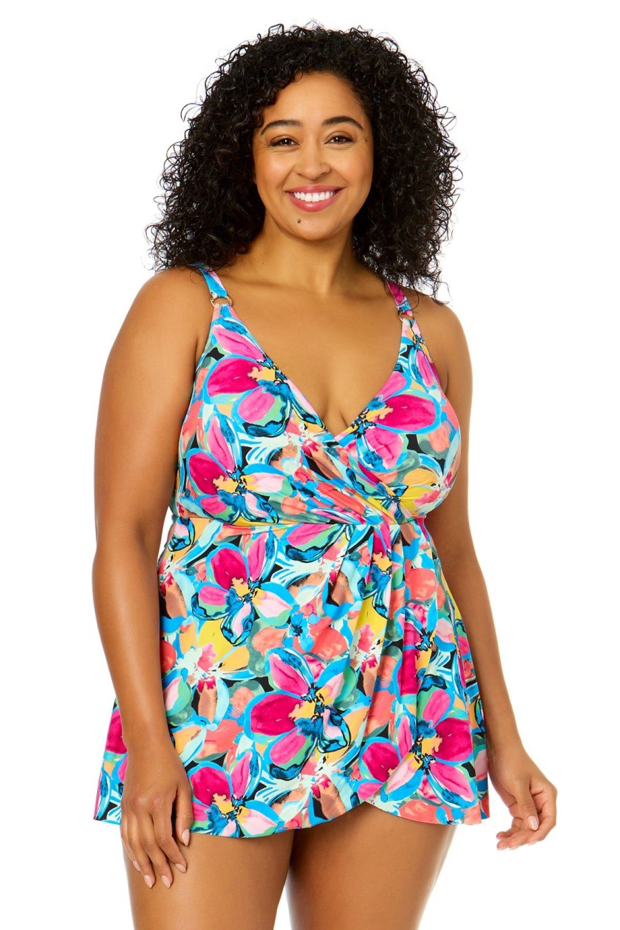 Women Anne Cole | Women'S Plus Size Amalfi Floral Swim Dress With Skirted Bottom