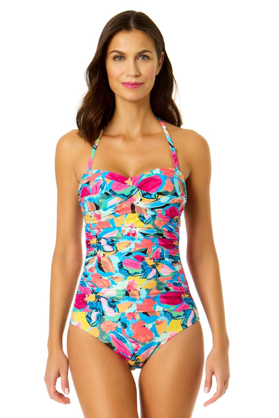 Women Anne Cole | Women'S Amalfi Floral Twist Front Shirred One Piece Swimsuit